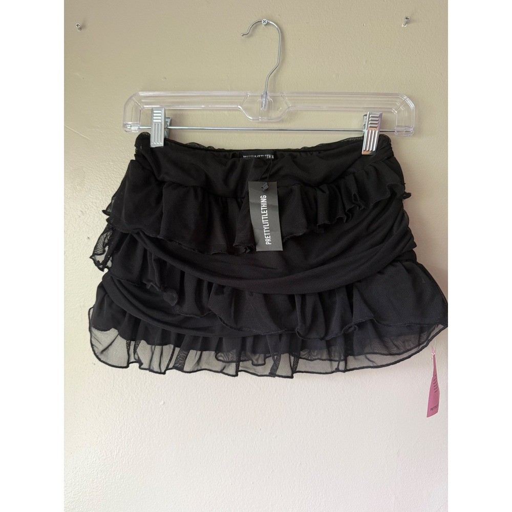 PrettyLittleThing Black Mesh Ruffle Mini Skirt Tiered Festival Clubwear US 6 NEW